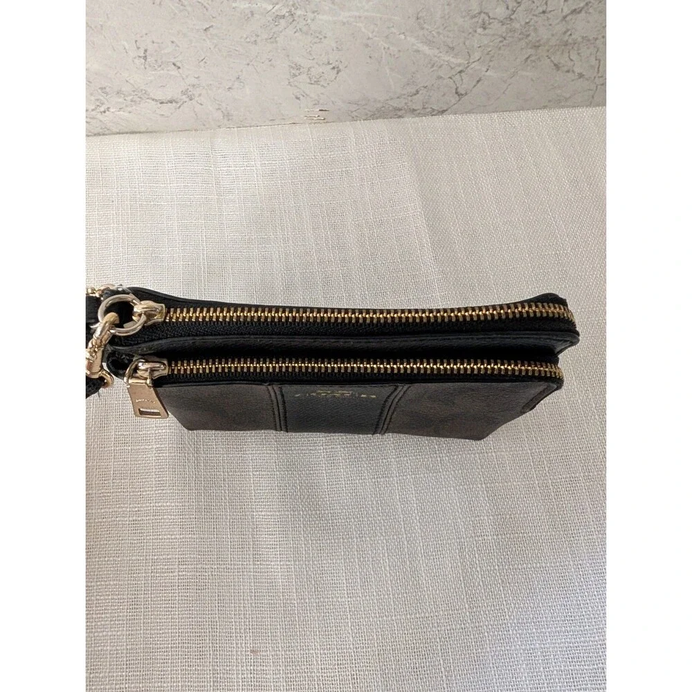Coach Double Zip Wristlet/Wallet Signature Canvas Brown & Black